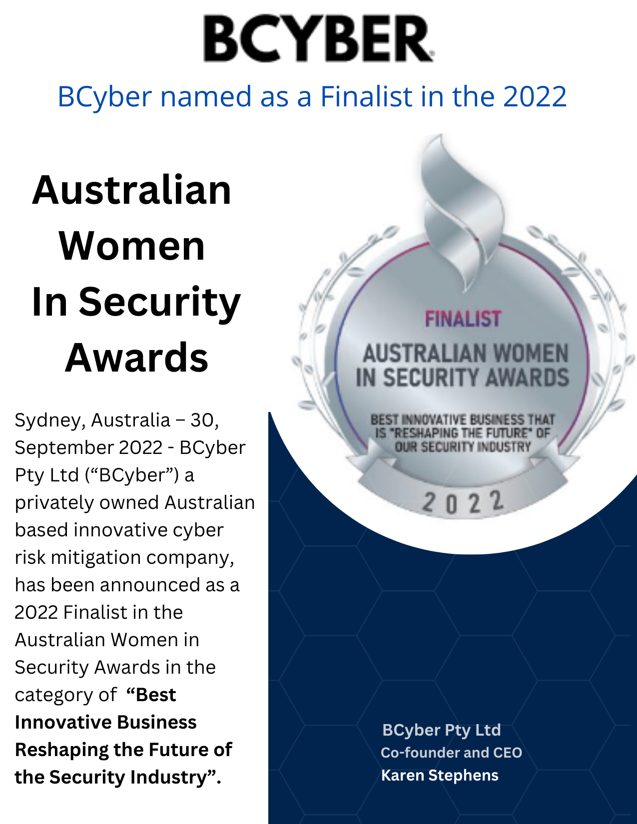 BCyber named as a Finalist in the 2022 Australian Women In Security Awards