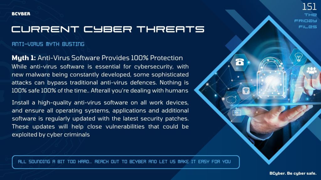 A graphic showing a shield with a red cross over common antivirus myths like “Antivirus stops all cyber threats” and “Free antivirus is enough.