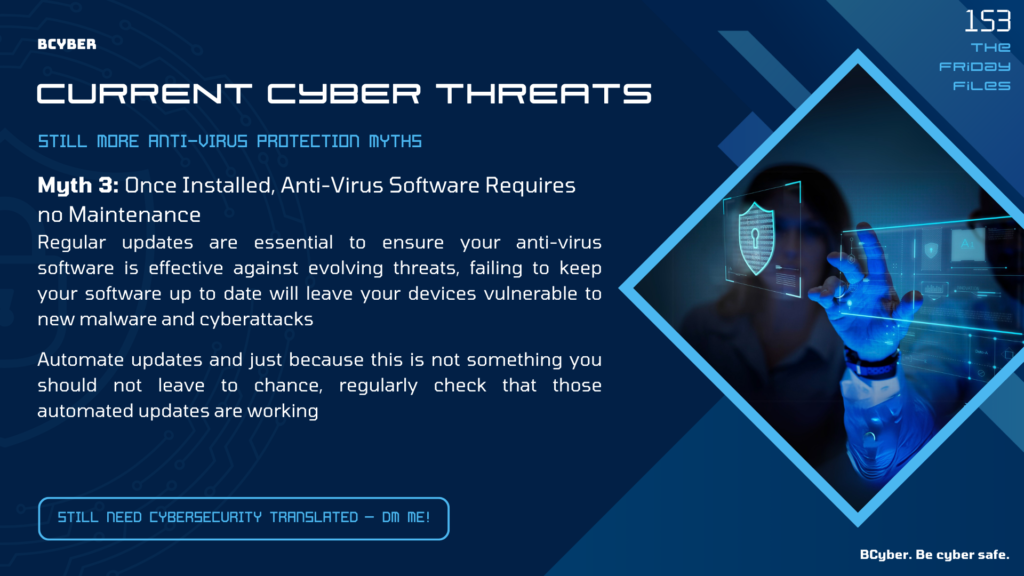 A graphic showing layered digital shields breaking apart false antivirus claims, with icons like viruses, firewalls, and software boxes.