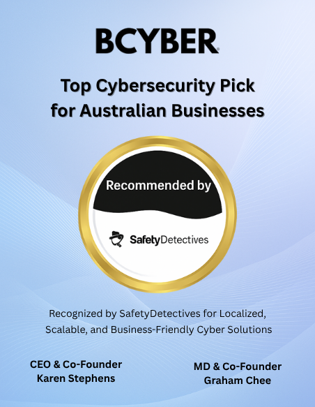 BCyber recognized as the Top Cybersecurity Pick for Australian Businesses by SafetyDetectives, featuring a clean digital award badge.
